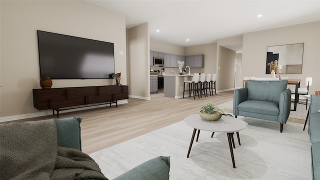 living room featuring sink and light hardwood / wood-style flooring