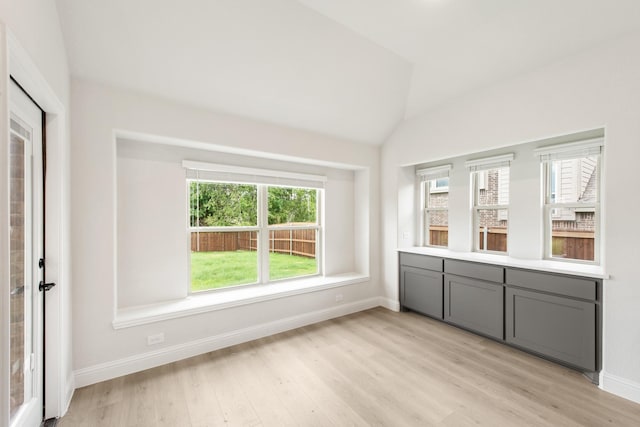 interior space with light wood-type flooring, a wealth of natural light, and lofted ceiling