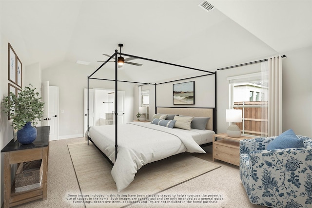 carpeted bedroom featuring ceiling fan and lofted ceiling