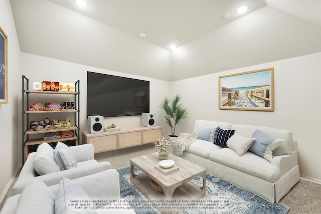 carpeted living room with lofted ceiling