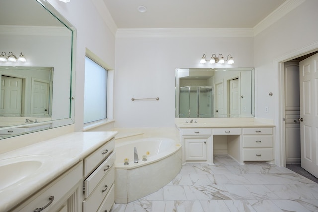 bathroom featuring vanity with extensive cabinet space, tile floors, a bath, and crown molding