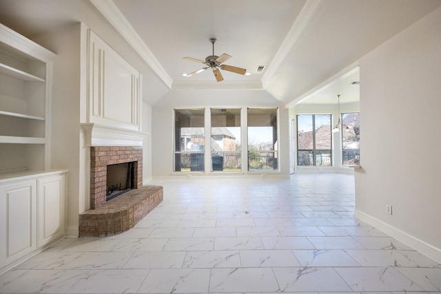 unfurnished living room with light tile floors, a brick fireplace, ceiling fan, crown molding, and built in features