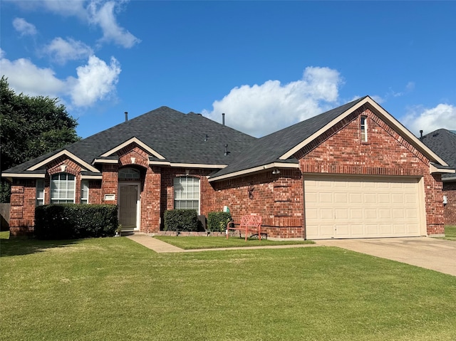 single story home featuring a front lawn and a garage