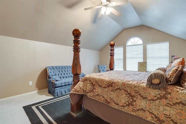 carpeted bedroom featuring ceiling fan and lofted ceiling