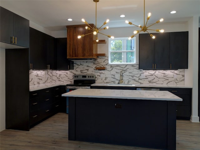 kitchen with a notable chandelier, decorative light fixtures, tasteful backsplash, and sink