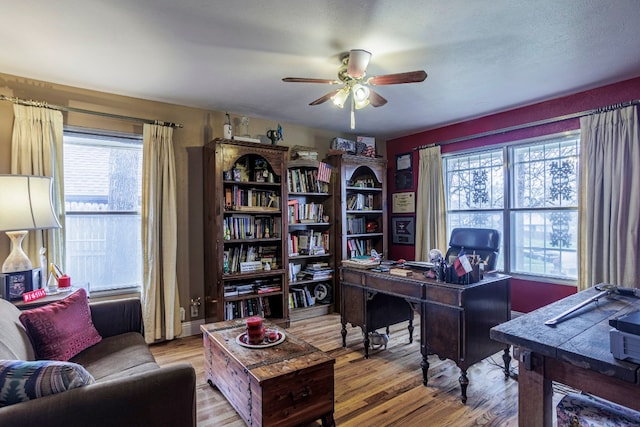 office area featuring a healthy amount of sunlight, ceiling fan, and light hardwood / wood-style flooring