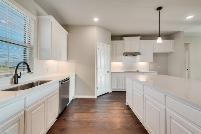 kitchen with a sink, under cabinet range hood, stainless steel dishwasher, dark wood-style floors, and white cabinetry