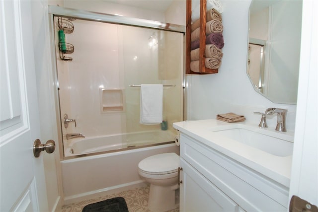 full bathroom featuring vanity, toilet, enclosed tub / shower combo, and tile floors