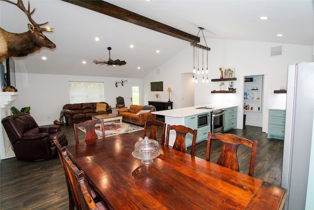 dining space with dark wood-type flooring, built in shelves, ceiling fan, beamed ceiling, and high vaulted ceiling