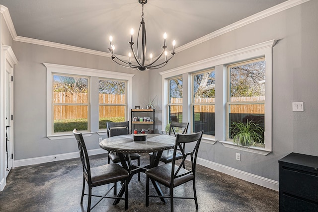 dining area with a chandelier and ornamental molding