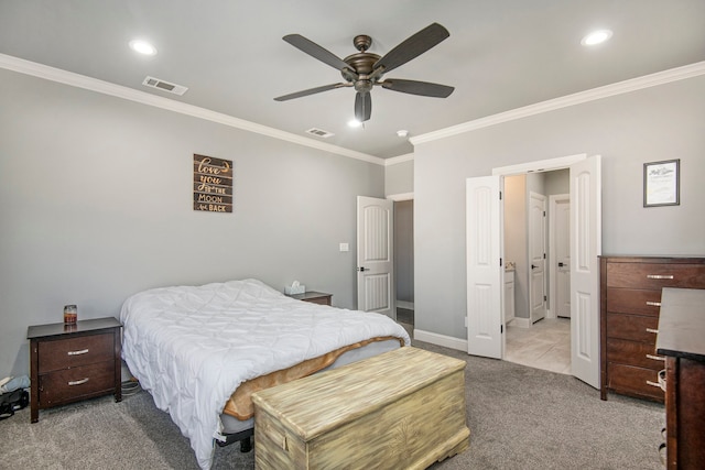 carpeted bedroom with ceiling fan and crown molding