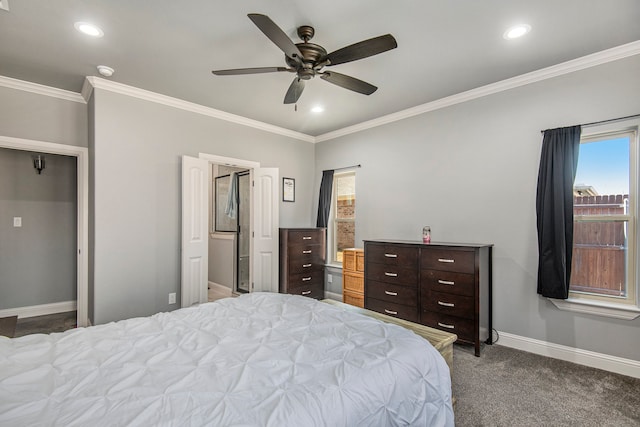 carpeted bedroom with ornamental molding and ceiling fan