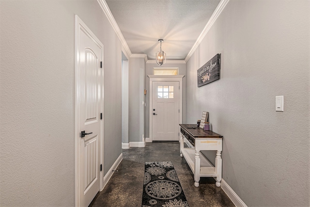 doorway featuring crown molding and dark tile floors