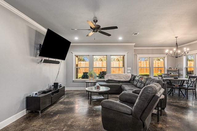 living room with ceiling fan with notable chandelier, a textured ceiling, and ornamental molding