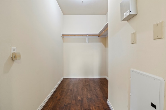 walk in closet with dark wood-type flooring