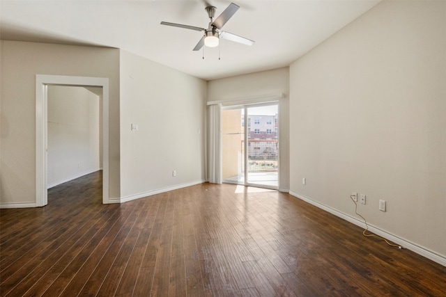 unfurnished room with dark wood-type flooring and ceiling fan