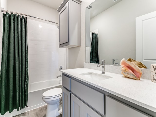 full bathroom with toilet, shower / bath combo with shower curtain, vanity, and hardwood / wood-style flooring