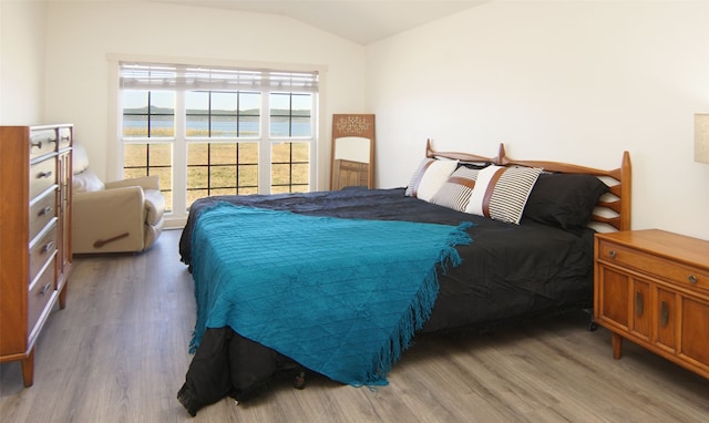 bedroom with lofted ceiling, a water view, and hardwood / wood-style flooring