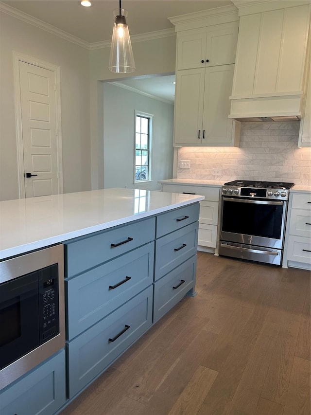 kitchen with tasteful backsplash, dark wood-type flooring, light countertops, appliances with stainless steel finishes, and custom exhaust hood