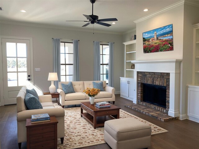 carpeted bedroom with multiple windows, ornamental molding, and ceiling fan