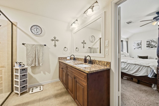 bathroom featuring an enclosed shower, lofted ceiling, ceiling fan, tile flooring, and oversized vanity