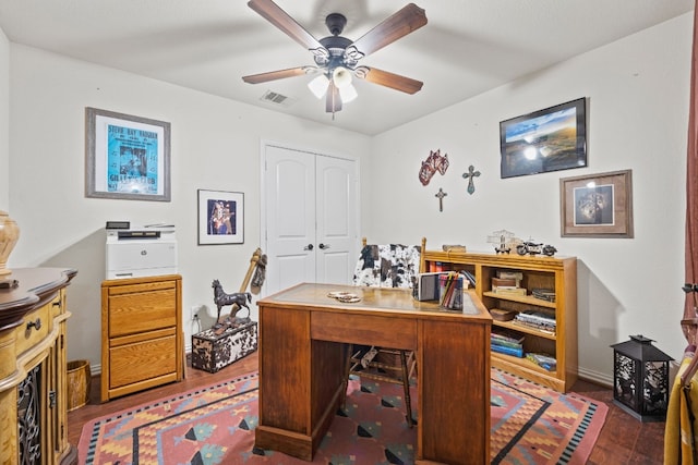 office space featuring dark wood-type flooring and ceiling fan