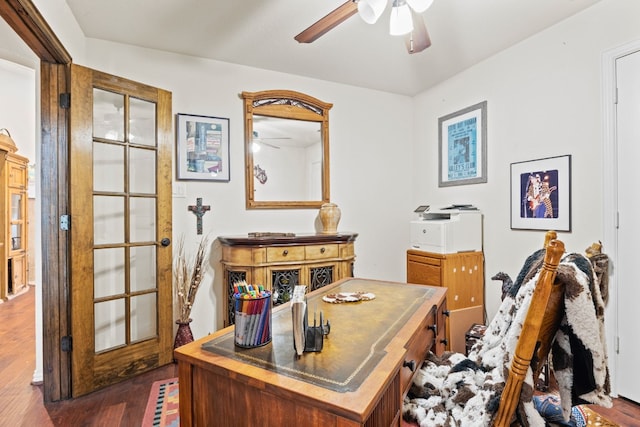 office featuring dark hardwood / wood-style flooring and ceiling fan