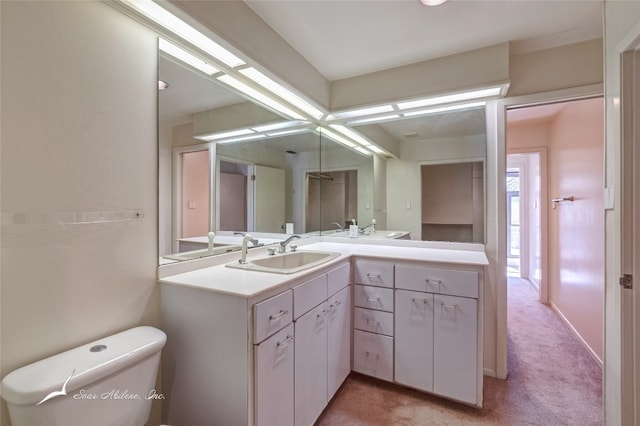 bathroom with toilet and dual bowl vanity