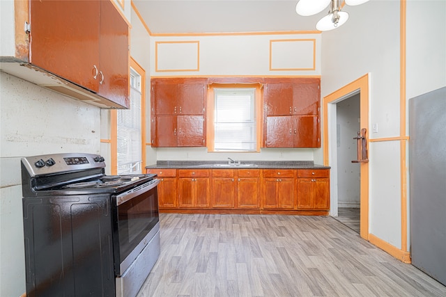 kitchen featuring sink, stainless steel electric range oven, and light wood-type flooring