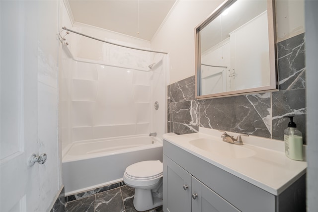 full bathroom with toilet, vanity, decorative backsplash, shower / bathing tub combination, and ornamental molding