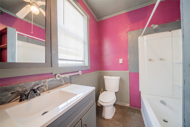 full bathroom featuring vanity, toilet, bathtub / shower combination, and ceiling fan