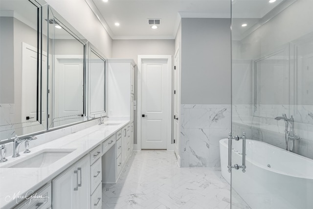 bathroom with a bathing tub, tile walls, tile flooring, and double vanity