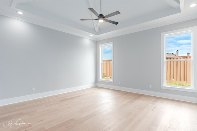 empty room with ceiling fan, light wood-type flooring, a tray ceiling, and a healthy amount of sunlight