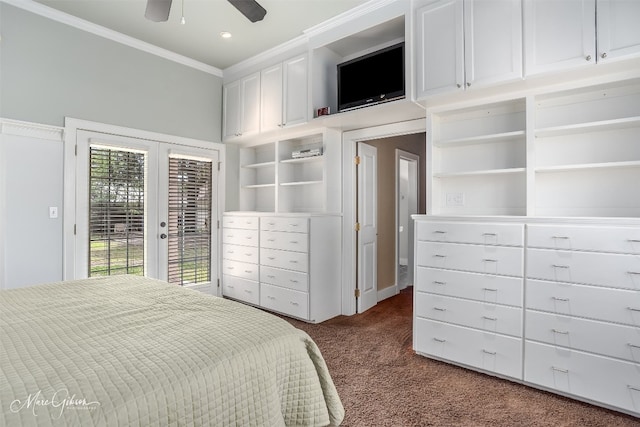 bedroom featuring ceiling fan, french doors, dark carpet, crown molding, and access to outside