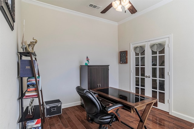 office featuring ceiling fan, ornamental molding, dark hardwood / wood-style floors, and french doors