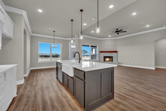 kitchen with light hardwood / wood-style floors, sink, a healthy amount of sunlight, and white cabinets