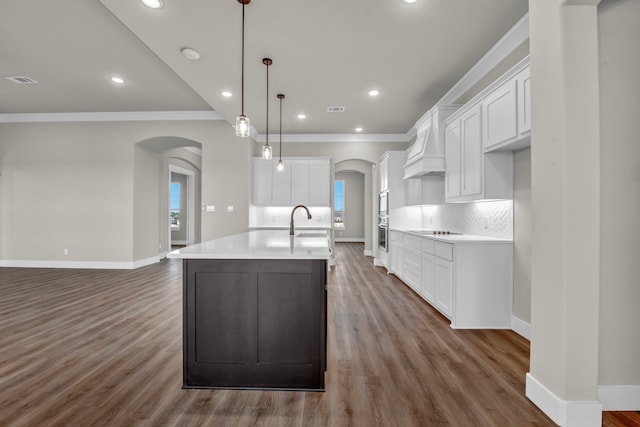 kitchen featuring pendant lighting, premium range hood, a center island with sink, and white cabinets