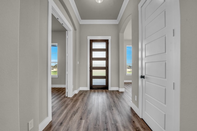 foyer with hardwood / wood-style floors, crown molding, and plenty of natural light