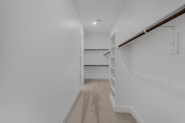 walk in closet with light carpet