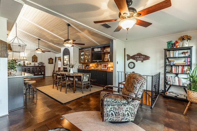 dining room featuring wood ceiling, visible vents, and vaulted ceiling with beams