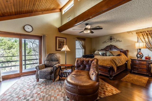 bedroom with a textured ceiling, lofted ceiling with beams, a ceiling fan, access to exterior, and wood-type flooring