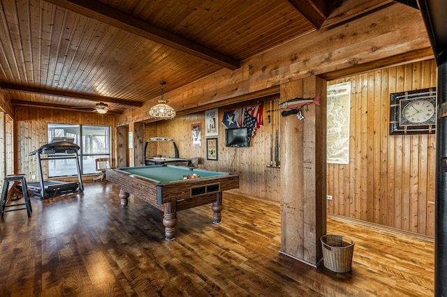 recreation room featuring wooden ceiling, pool table, beamed ceiling, and wood finished floors