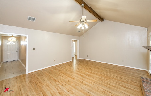 unfurnished living room featuring ceiling fan, light hardwood / wood-style floors, and lofted ceiling with beams