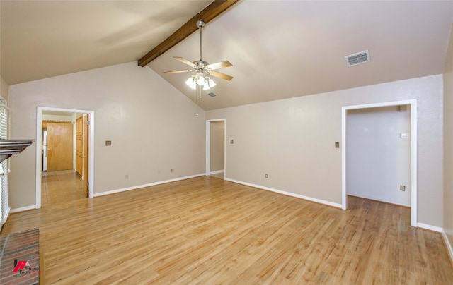 unfurnished living room with light wood-type flooring, beam ceiling, high vaulted ceiling, and ceiling fan