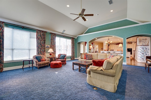 carpeted living room with crown molding, high vaulted ceiling, and ceiling fan with notable chandelier