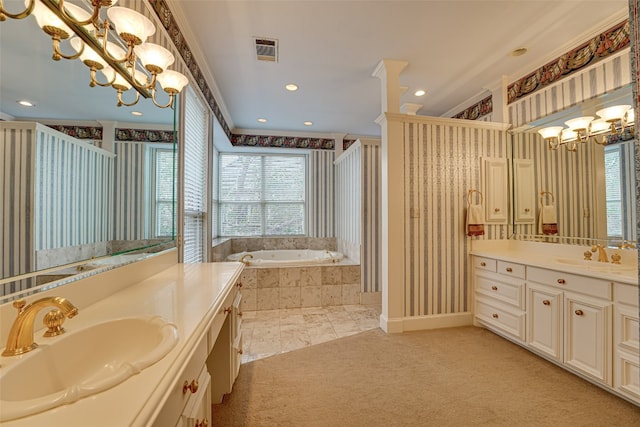 bathroom featuring vanity, a notable chandelier, a relaxing tiled bath, plenty of natural light, and ornamental molding