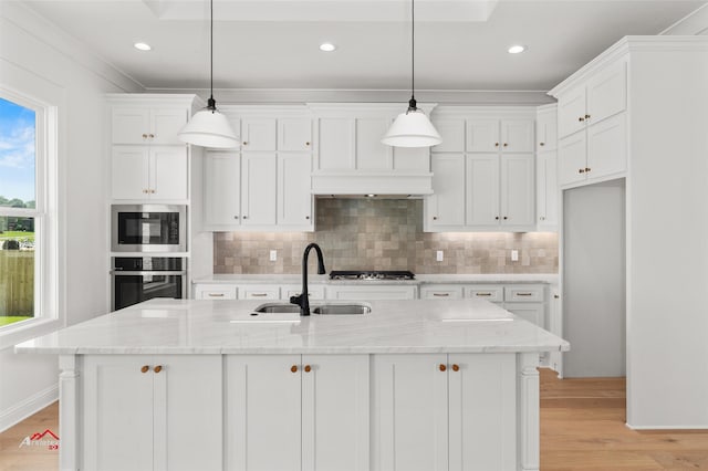 kitchen with appliances with stainless steel finishes, sink, a wealth of natural light, and light wood-type flooring