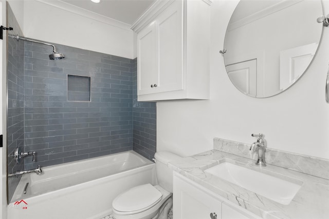 full bathroom featuring crown molding, tiled shower / bath combo, oversized vanity, and toilet