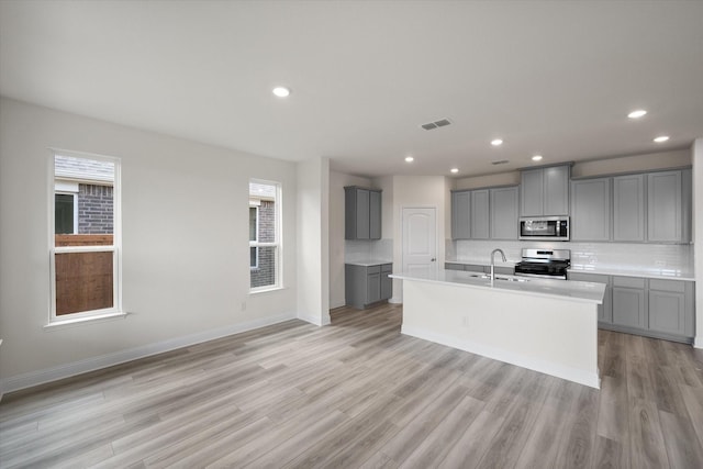 kitchen featuring decorative backsplash, appliances with stainless steel finishes, sink, gray cabinets, and an island with sink