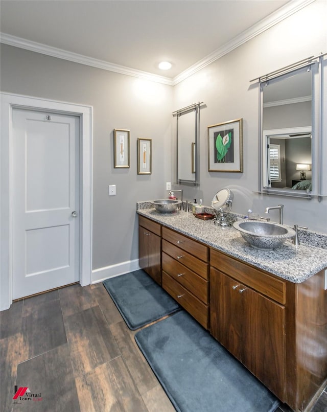 bathroom featuring double vanity, crown molding, a sink, and wood finished floors